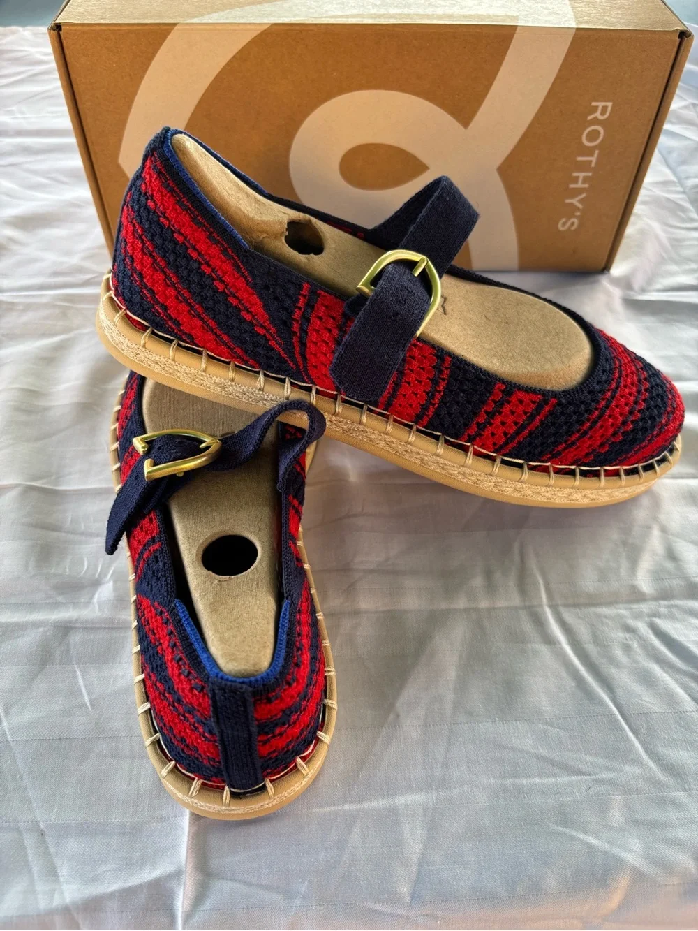 Rothy's Red & Navy Knit Mary Jane Espadrilles with Buckle